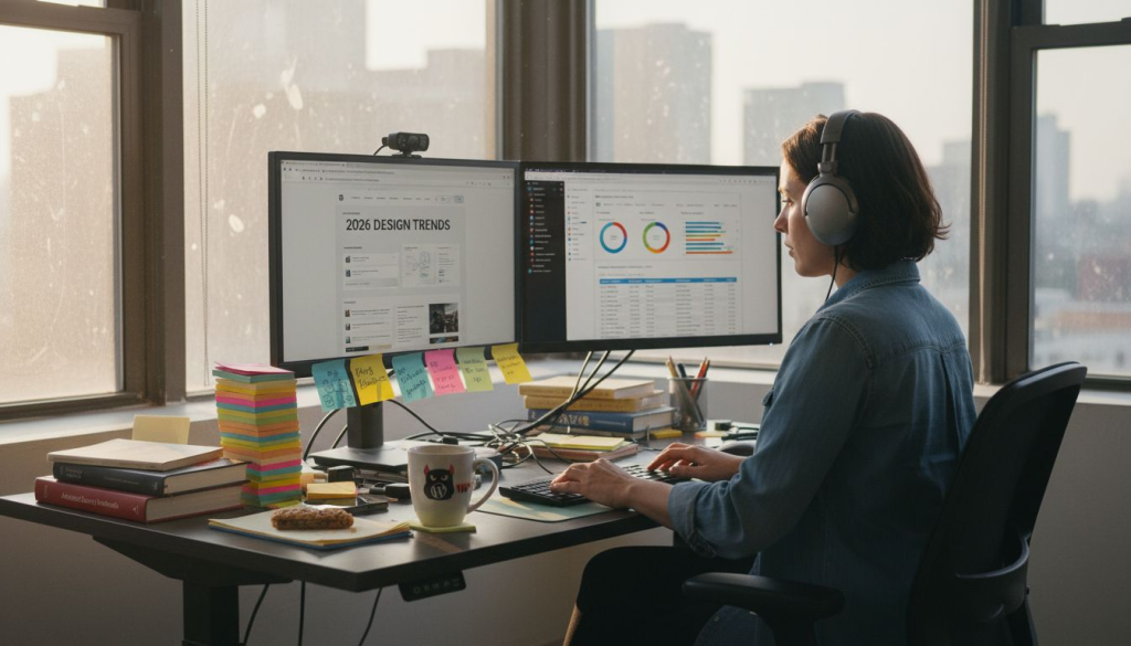 Founder reviews web design trends on cluttered desk