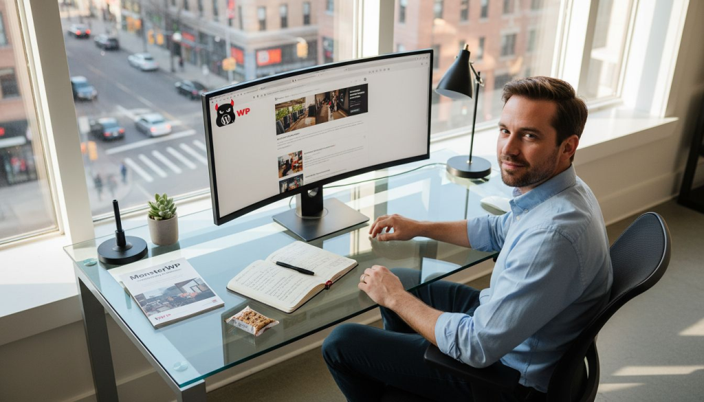 Business owner reviews WordPress website mockup