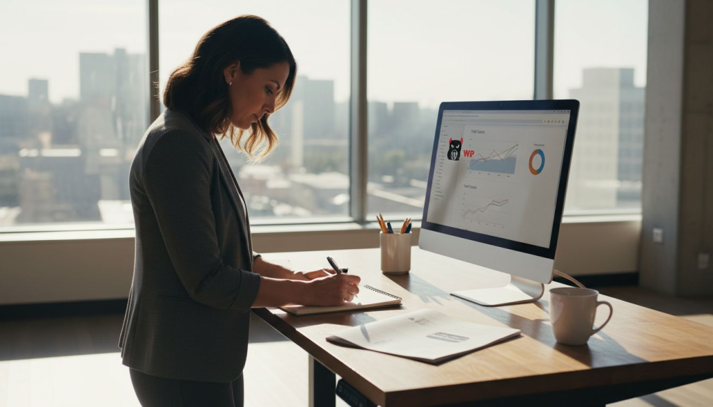 Business owner reviews website analytics in office