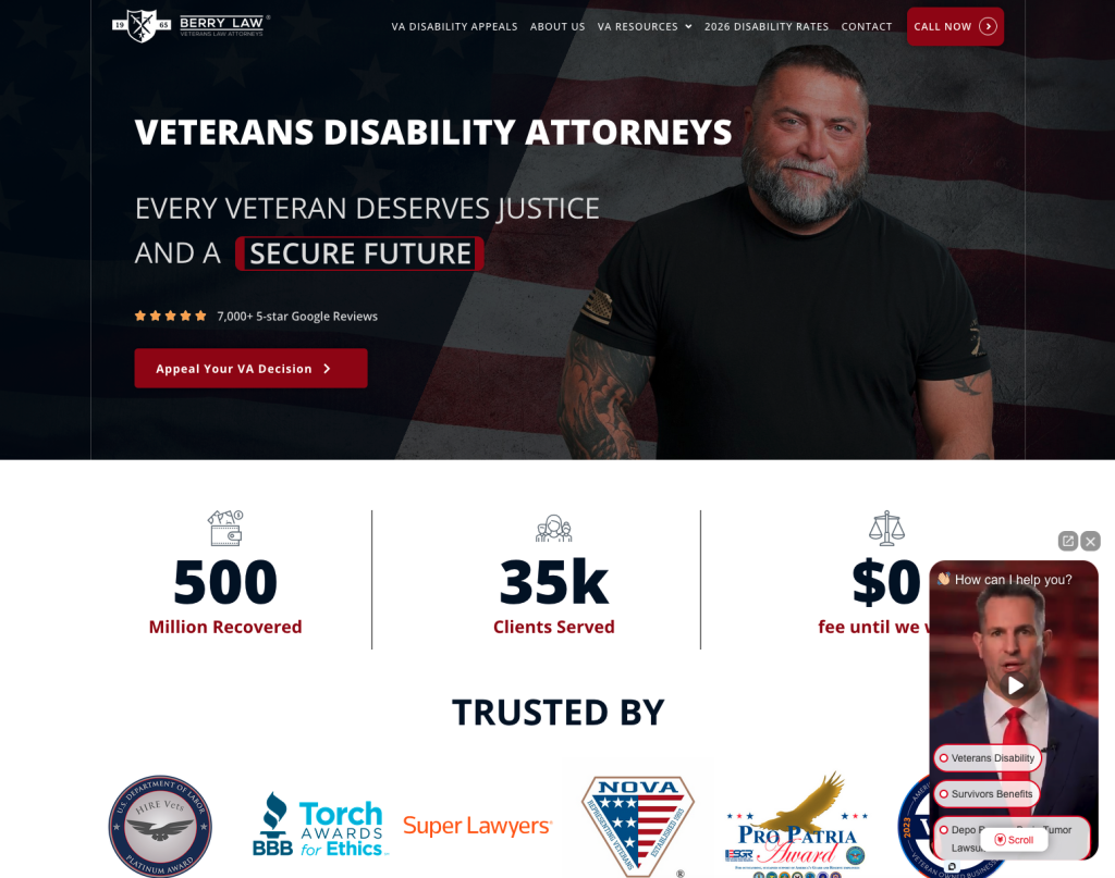 Berry Law Vet Injury Berry Law Vet Injury The Need Berry Law, a nationally recognized law firm dedicated to serving veterans, engaged Monstrous Media Group to streamline its VetInjury.com microsite. Originally created as a focused conversion tool, the site had grown into a multi-page microsite that diluted its purpose and slowed performance. With Google selecting Berry Law for its Enhanced Conversions pilot, the firm needed a rapid redesign to consolidate content, optimize user experience, and ensure accurate tracking of high-value calls and conversions—all within days. The new landing page would serve as both a conversion test environment and a data engine guiding Berry Law’s upcoming national website consolidation. The Solution Monstrous Media Group rebuilt VetInjury.com as a single high-performance landing page under our MonsterWP infrastructure, engineered for speed, clarity, and conversion precision. Key deliverables included: Modern, mobile-first UX/UI design optimized for call conversions Streamlined single-scroll structure with persistent “Call Now” CTAs Integration of Google Enhanced Conversion tags via Tag Manager Full Hotjar and GA4 QA for behavioral and performance tracking Updated trust indicators and veteran-focused imagery for authenticity Lightweight code and optimized assets to maximize Core Web Vitals Technical documentation and post-launch support for live data testing The Result The new VetInjury.com landing page delivers a faster, clearer path to conversion—connecting veterans with trusted legal help in fewer clicks. Mobile engagement and page-load performance improved significantly, while Enhanced Conversion data began feeding directly into Google Ads for real-time optimization. Beyond its immediate success as a conversion test, the project now serves as the blueprint for Berry Law’s national digital expansion, informing the full rebuild of JSBerryLaw.com and PTSDLawyers.com into a unified, high-performance platform for veteran representation.