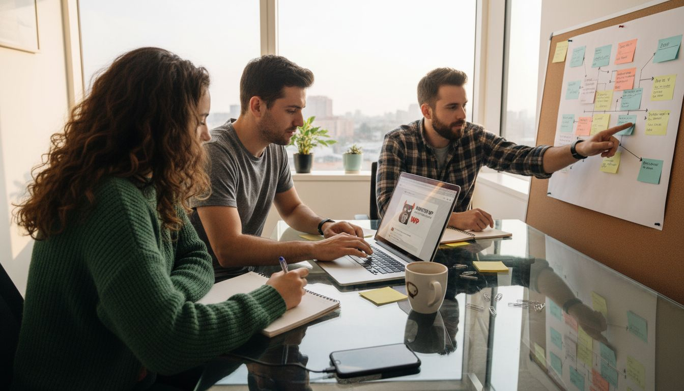 Team planning website in bright office