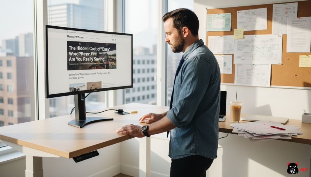 Business owner reviews website redesign in office