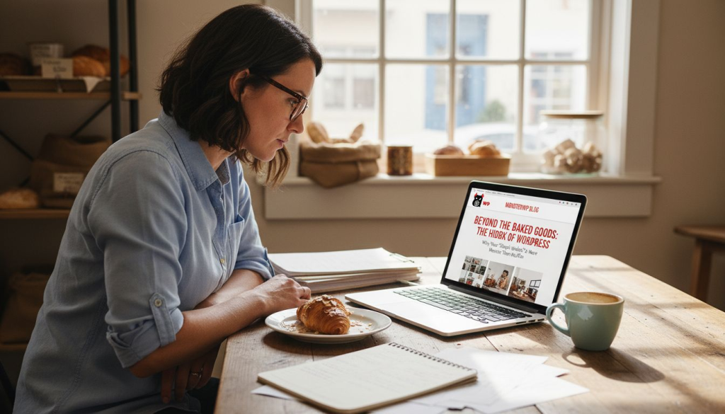 Bakery owner reviews website redesign on laptop