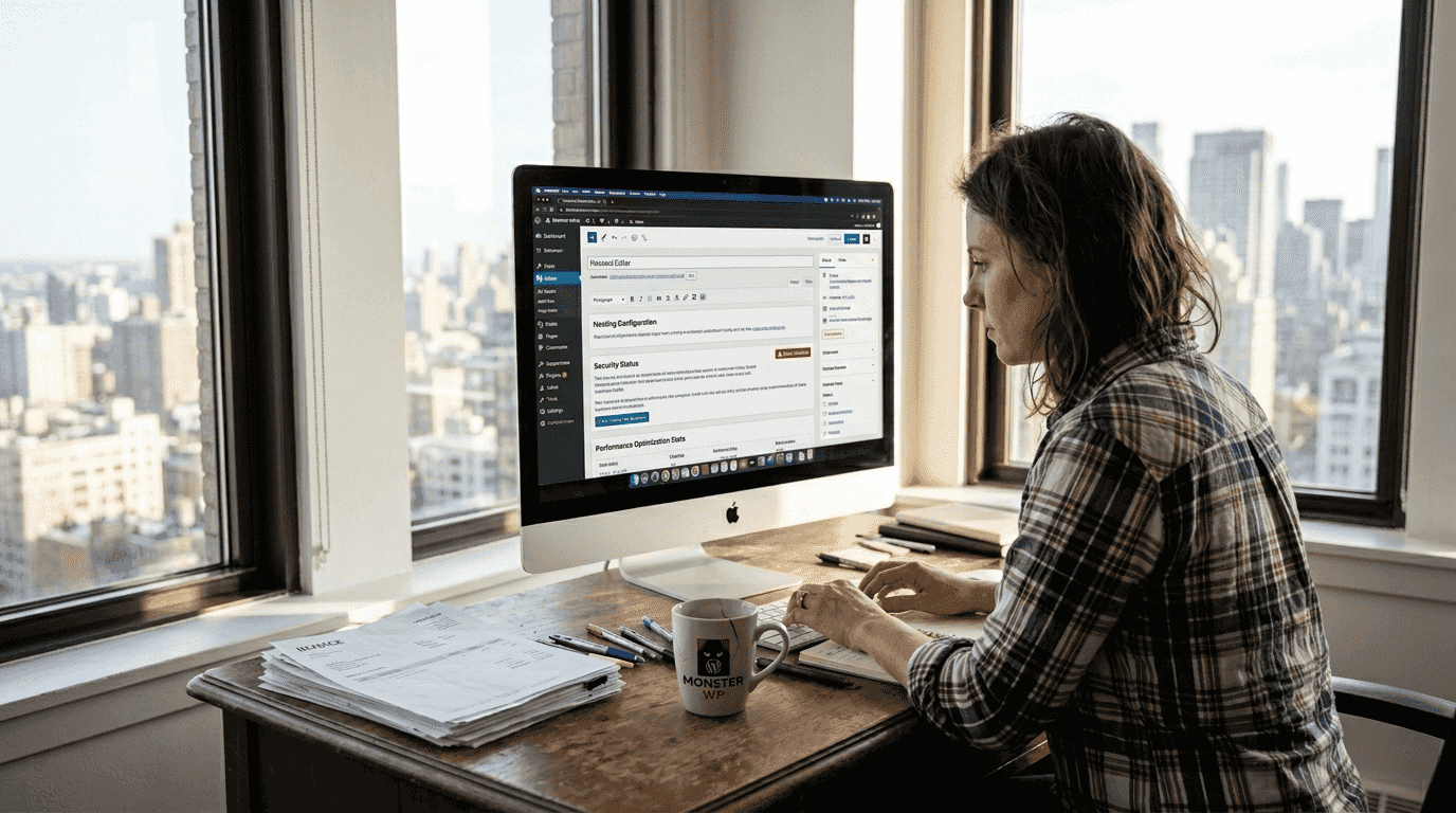 Business owner updating website in city office