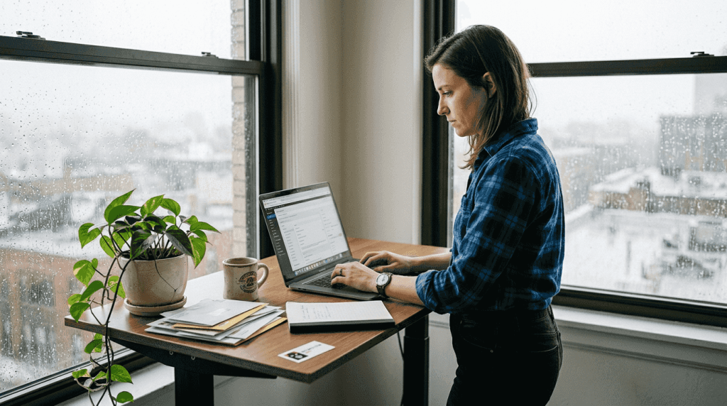 Business owner updating website in city office