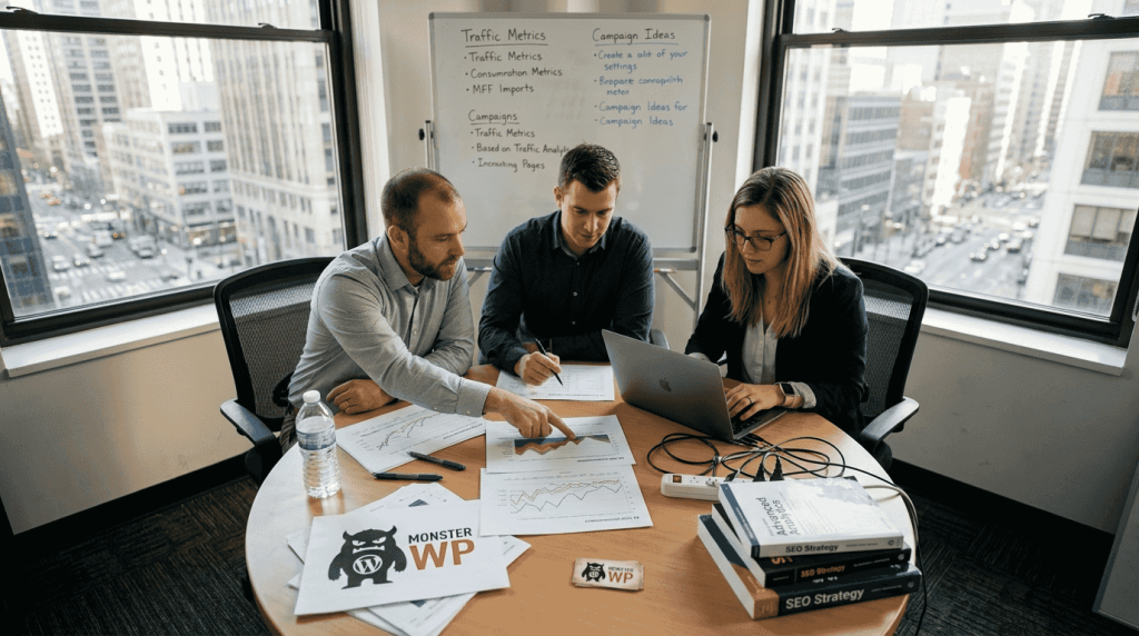 SEO team collaborating in bright office