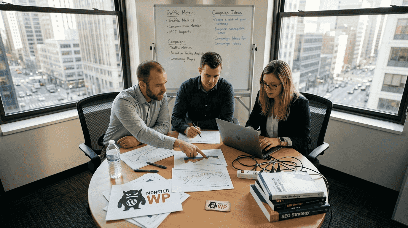 SEO team collaborating in bright office