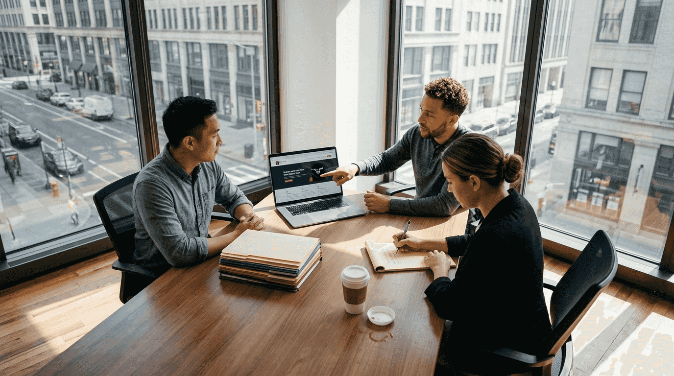 Team planning website content in city office