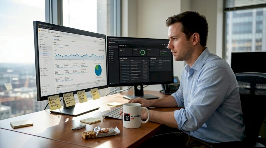 Website manager reviewing analytics and security dashboard