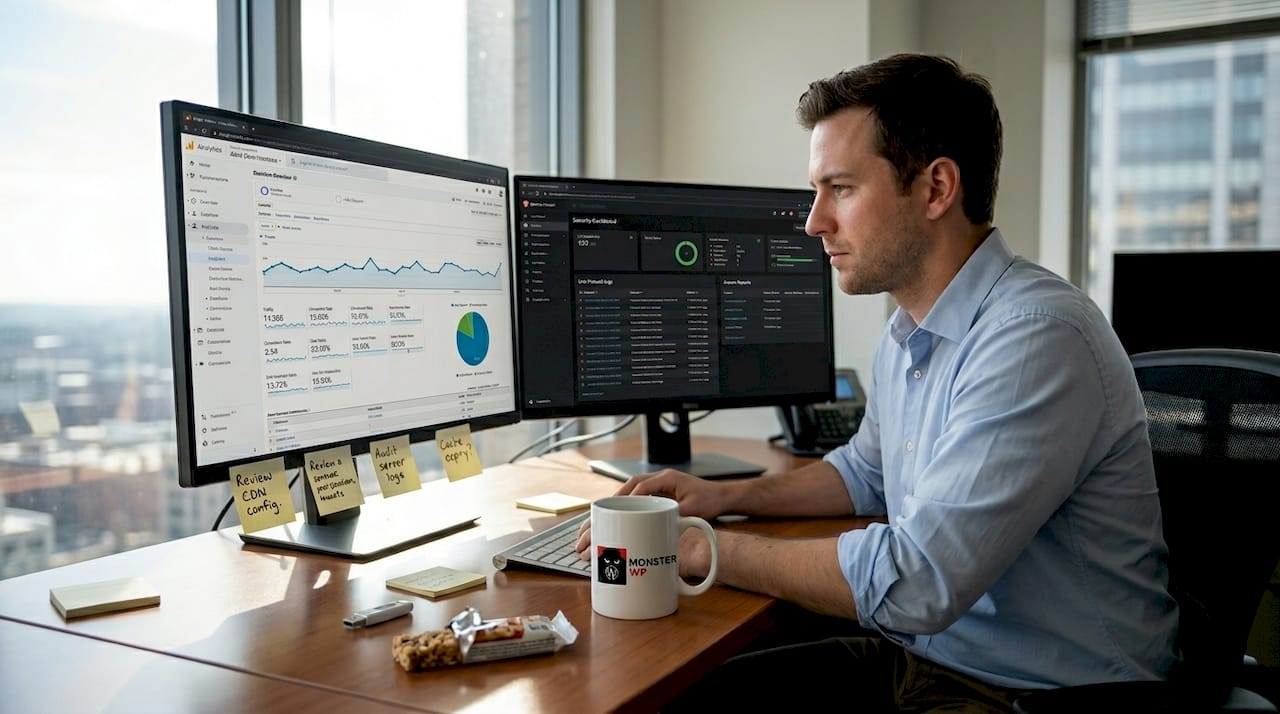 Website manager reviewing analytics and security dashboard