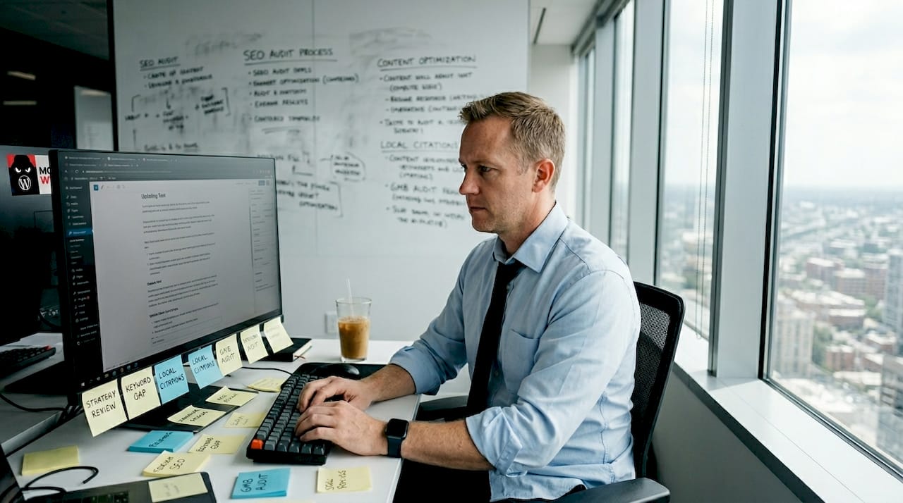 Website manager updating content at office desk