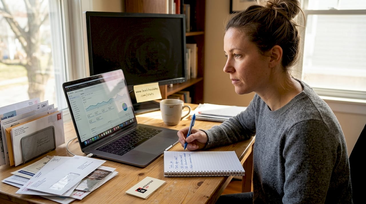 Business owner analyzing SEO stats at desk