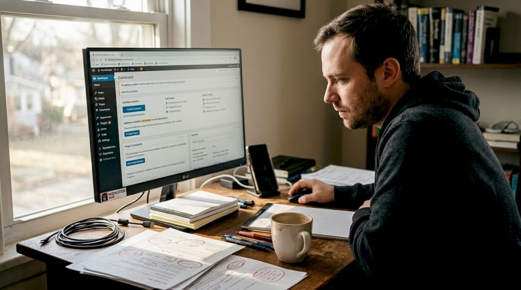 Website owner checking WordPress dashboard at desk