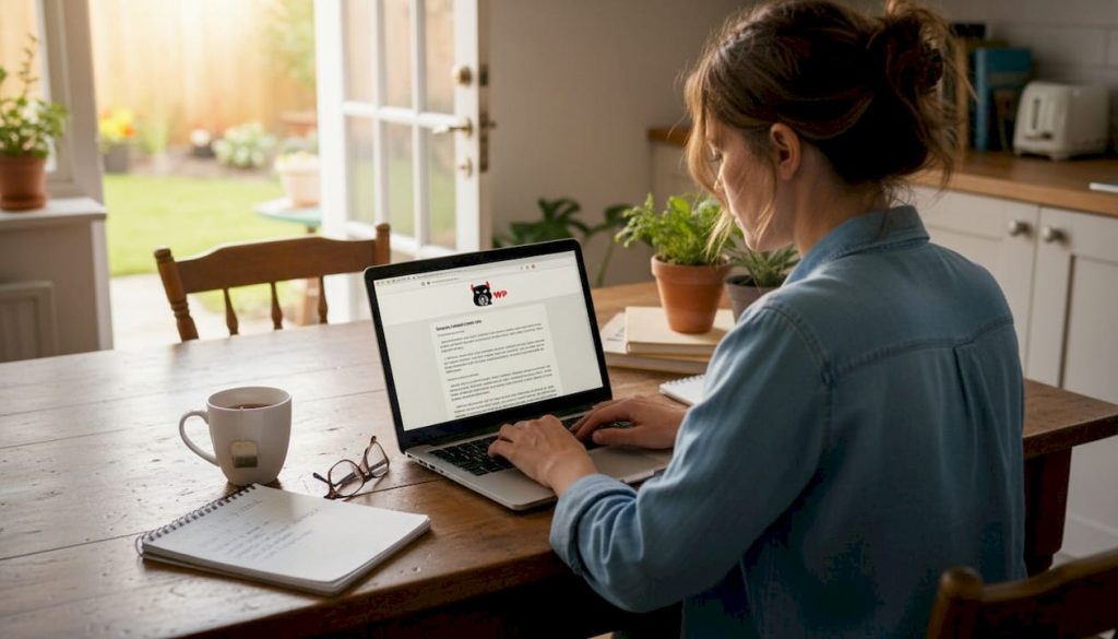 Woman updating website content in kitchen workspace