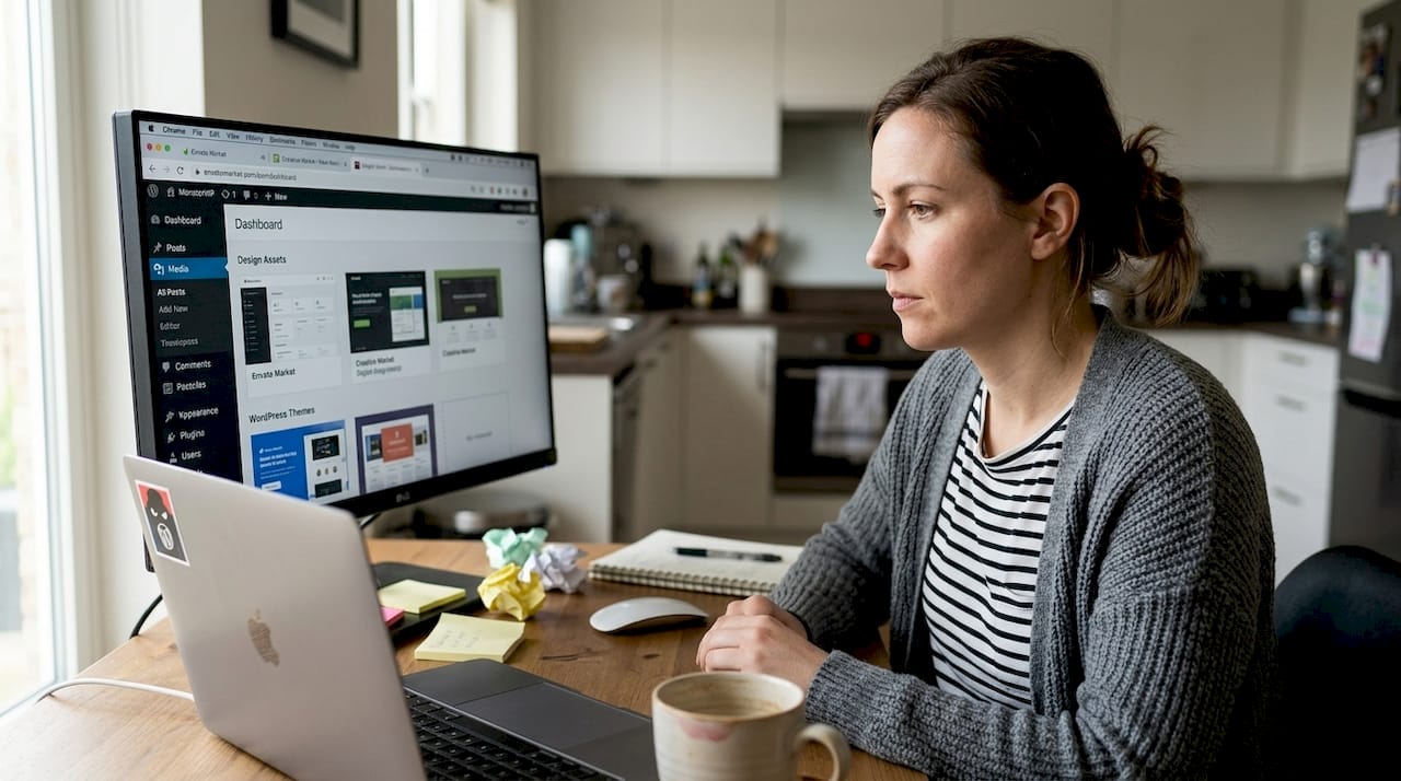 Designer comparing digital asset platforms at home desk
