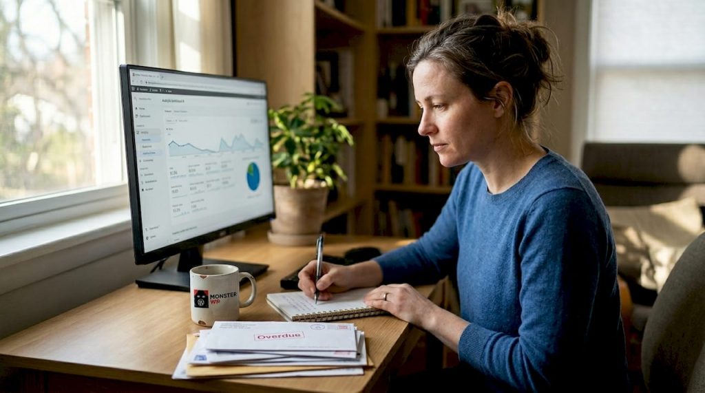 Woman managing website in home office