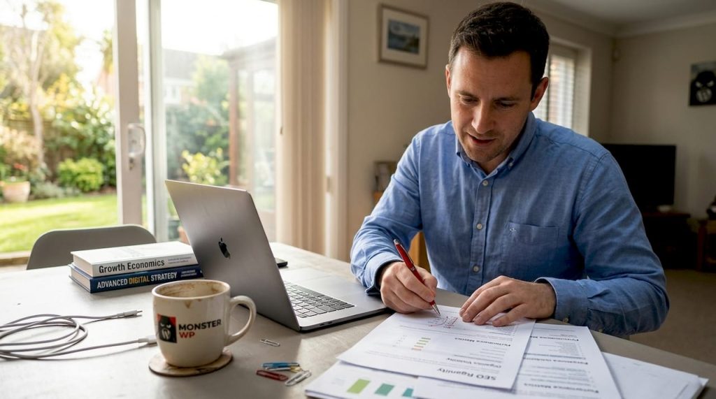 Business owner reading SEO report at home