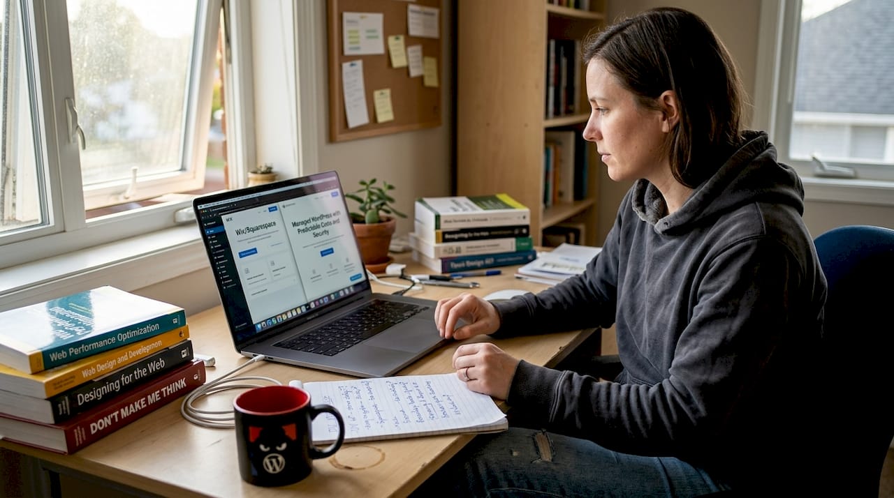 Person comparing website builder options at desk