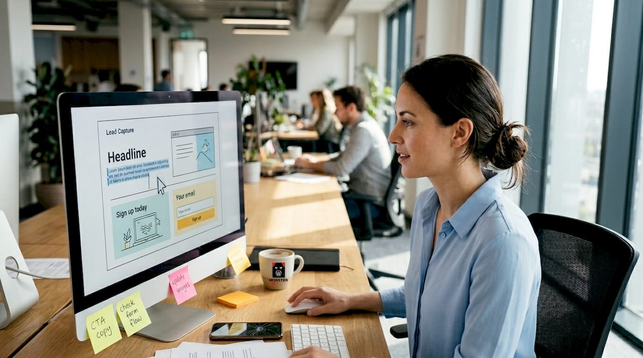 Marketer reviewing landing page draft