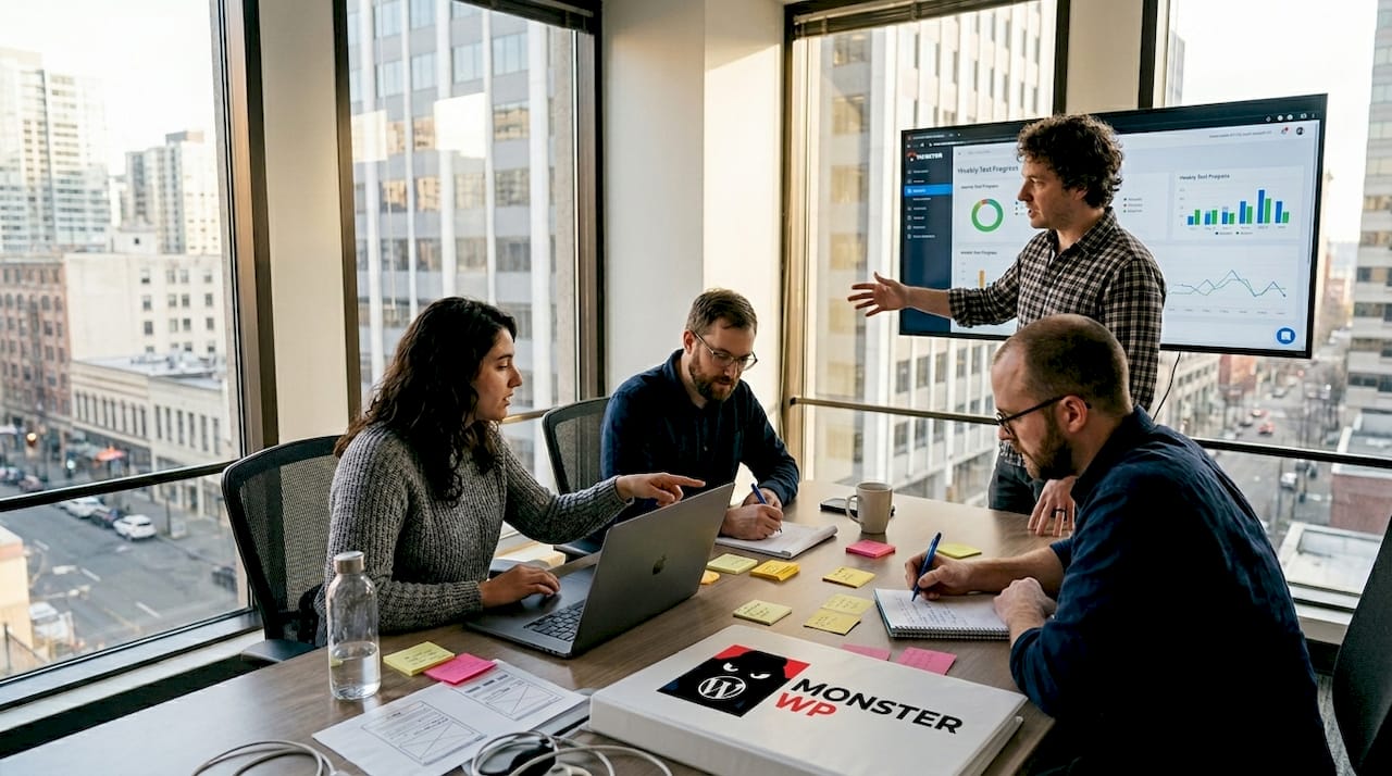 Team reviewing website updates in office