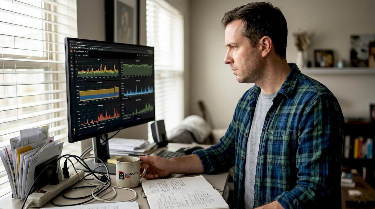 Business owner checking web hosting graphs