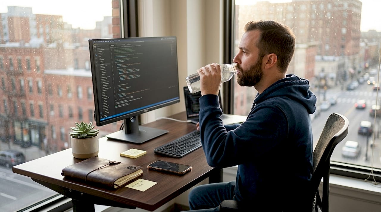 Web developer updating code in office