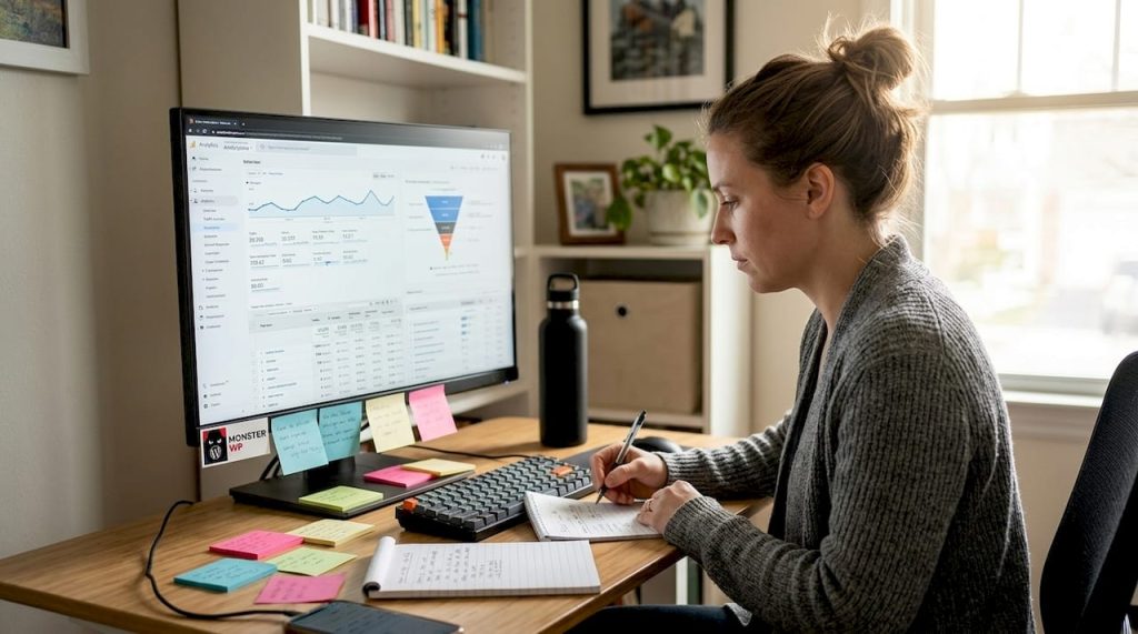 Woman reviewing website stats at desk