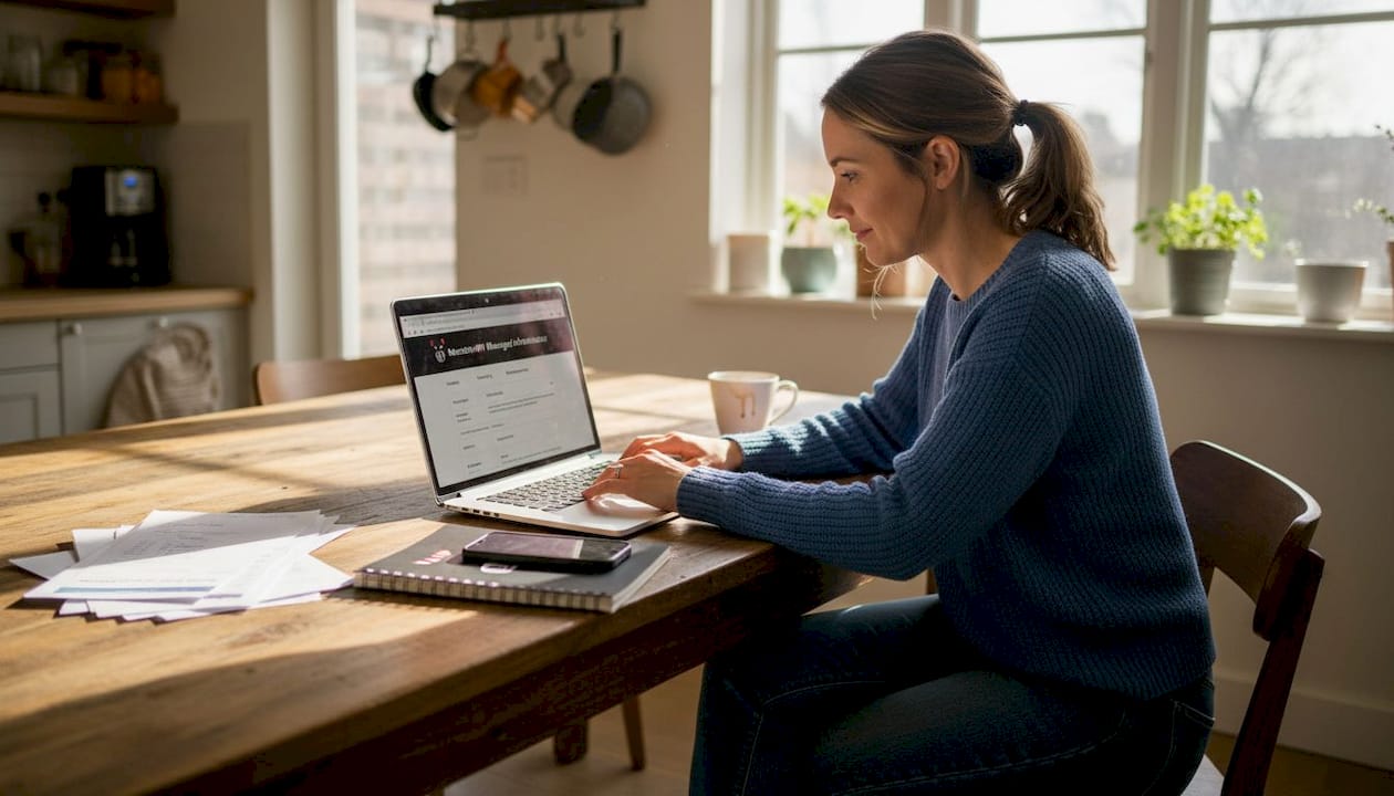 Small business owner editing website at kitchen