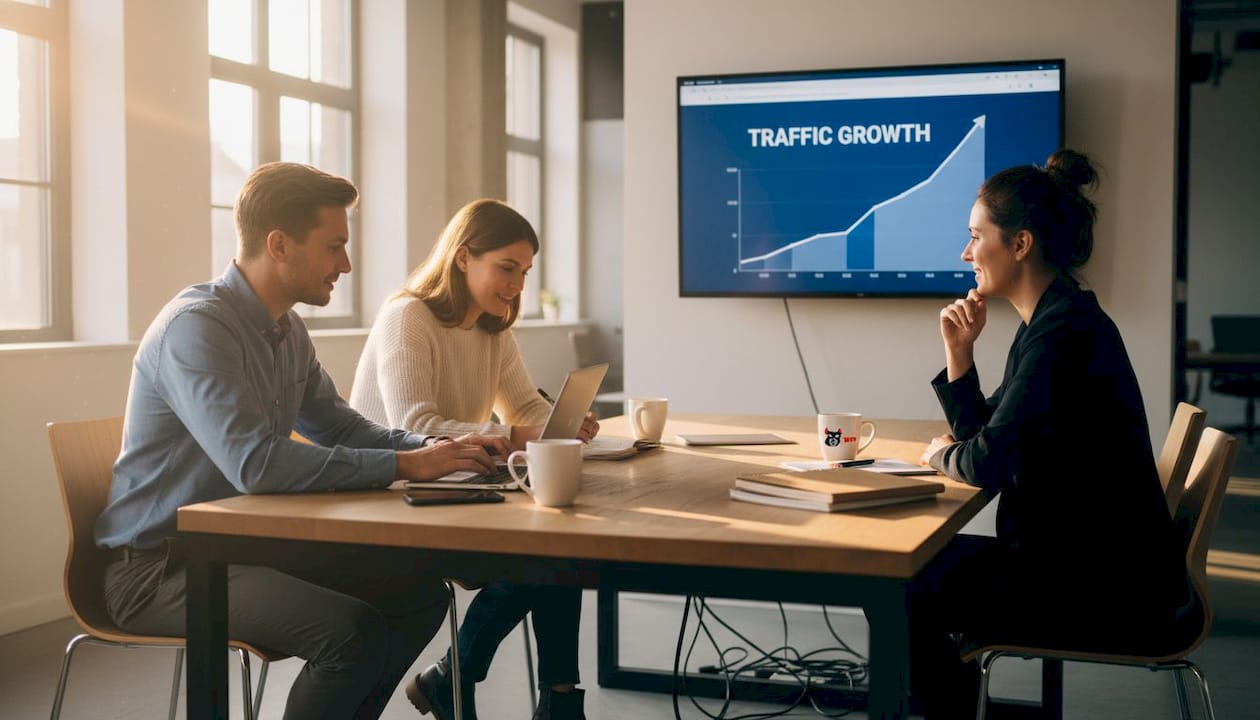 Team reviewing website analytics in workspace