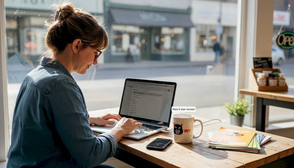 Business owner updates profile in busy storefront