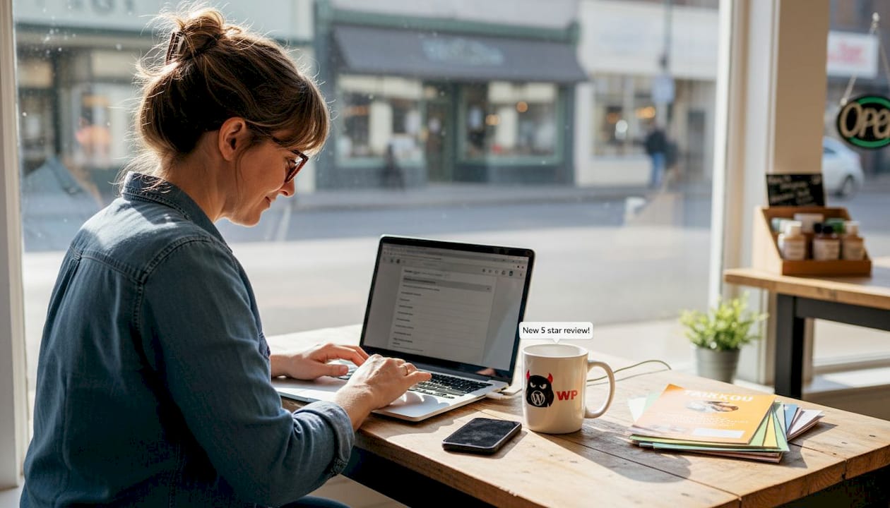 Business owner updates profile in busy storefront