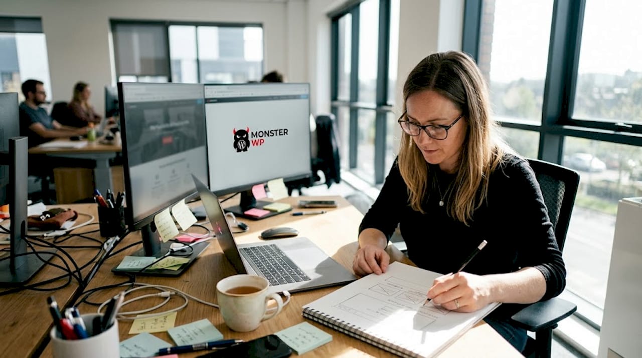 Designer sketches service page layout in workspace