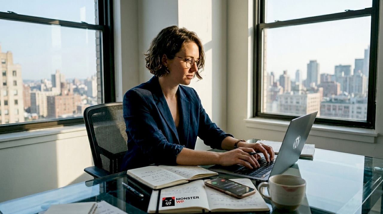 Consultant works on content strategy in corner office