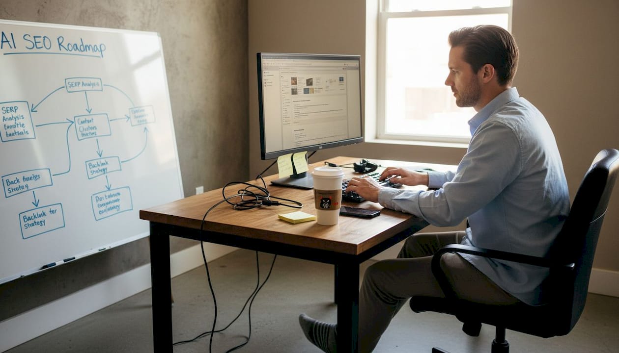 SEO expert working in realistic home office