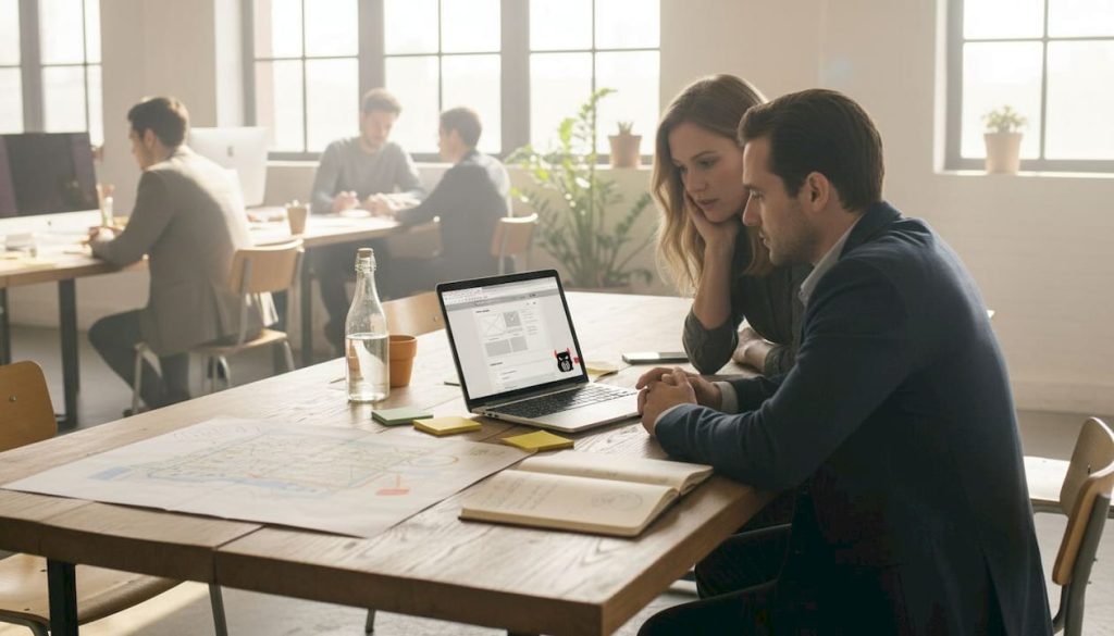 Web designer and manager reviewing website wireframe