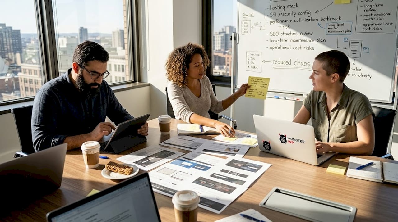 Team revising website around cluttered conference table