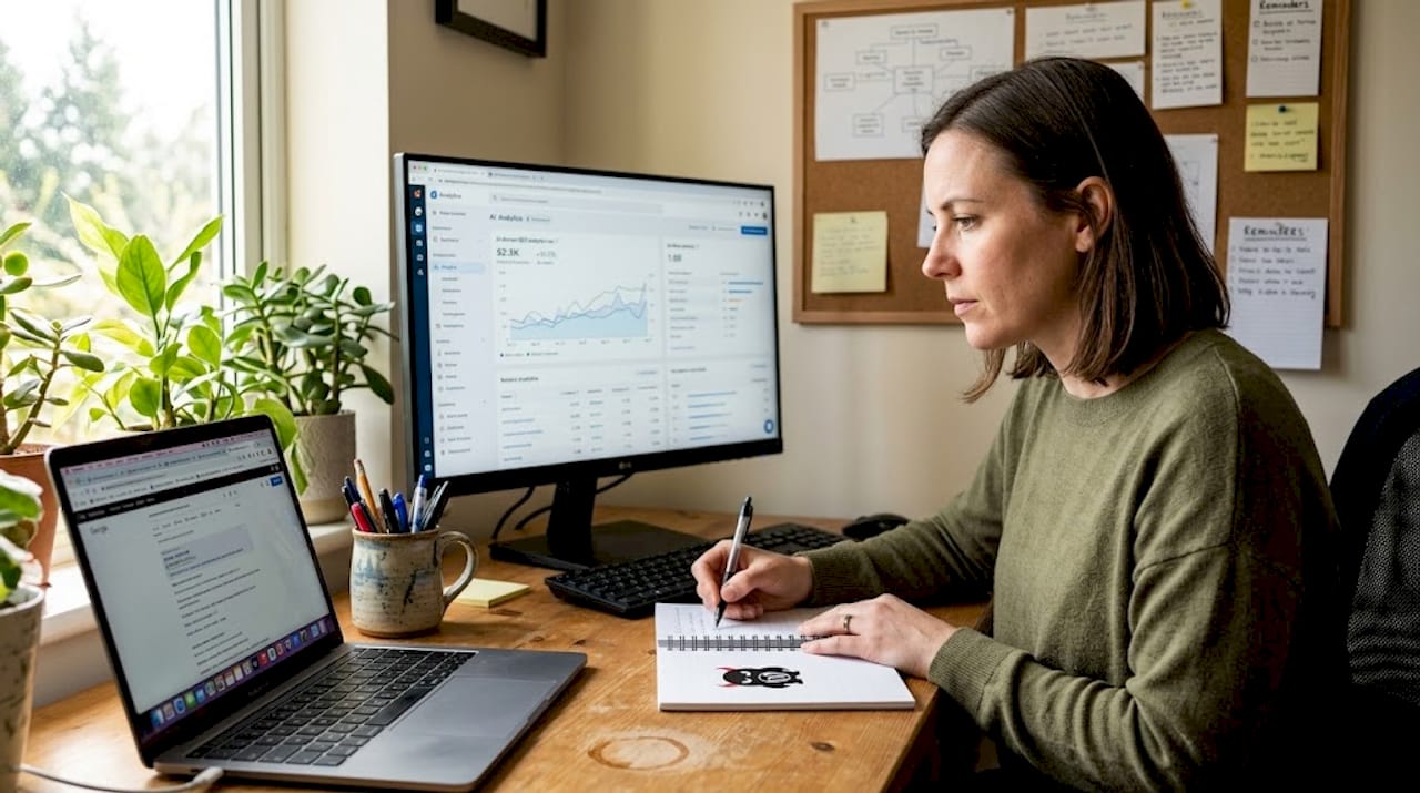 Small business owner reviews AI SEO analytics