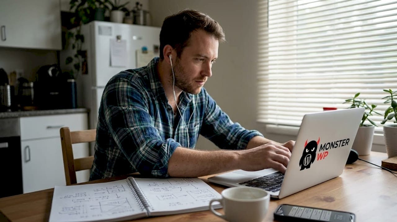 Business owner tweaking landing page at kitchen table