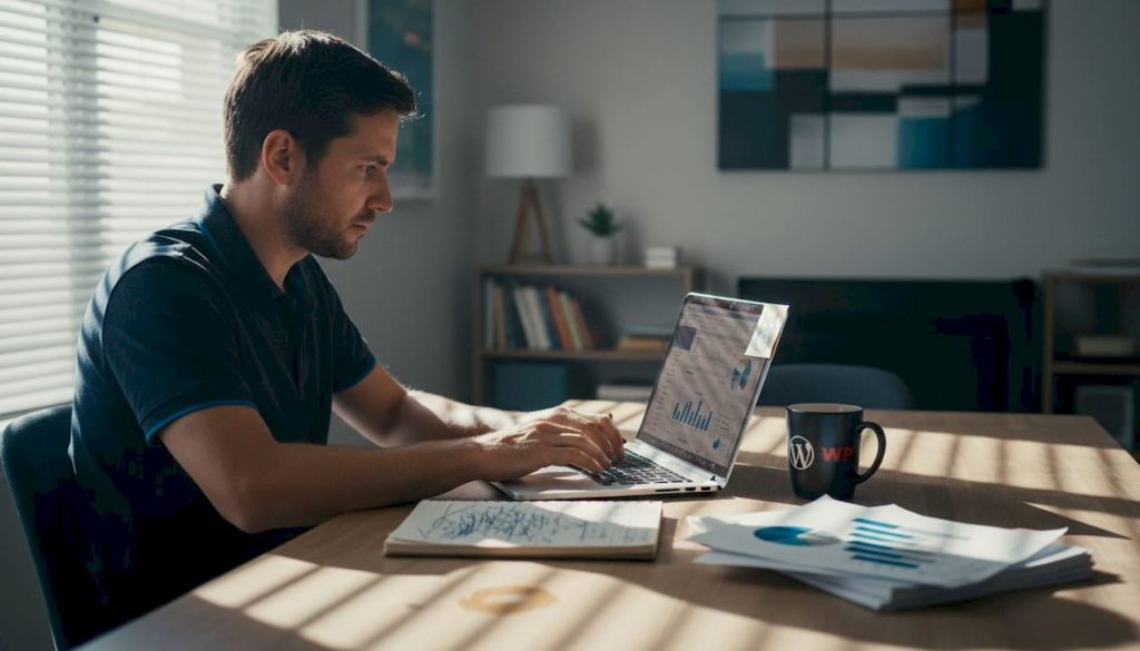 Business owner reviews SEO visibility report at home