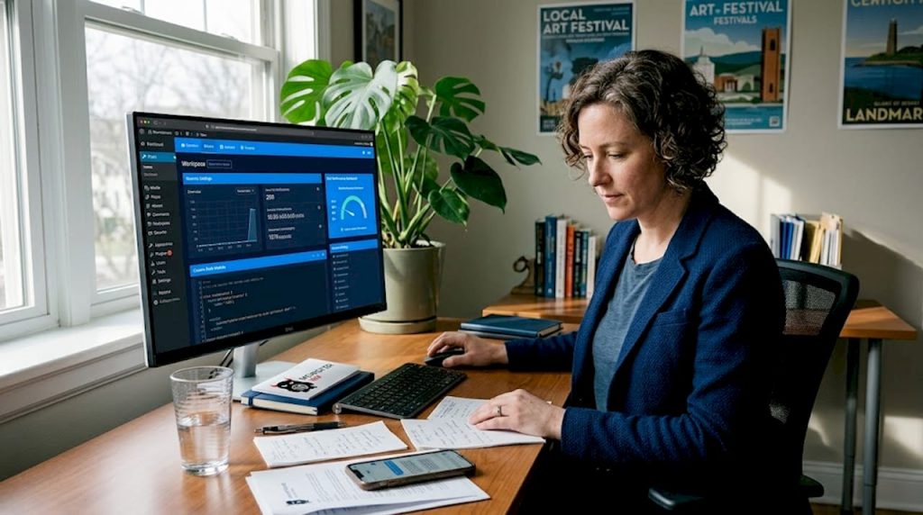 Business owner managing online presence at desk