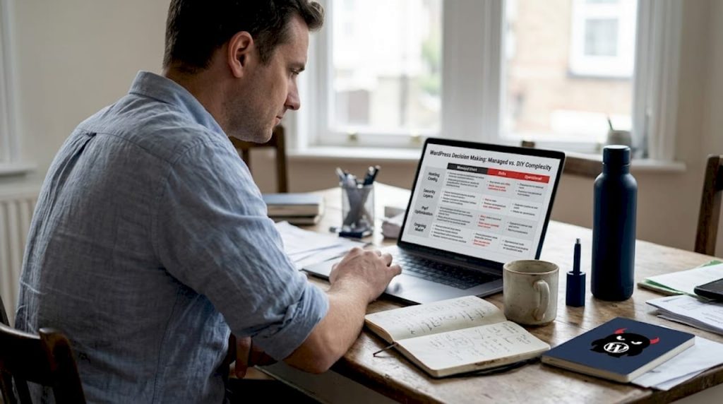 Business owner reviewing website hosting options at home