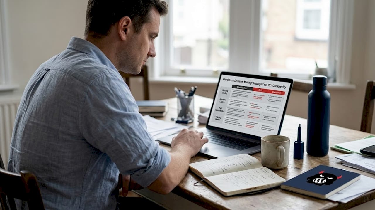 Business owner reviewing website hosting options at home