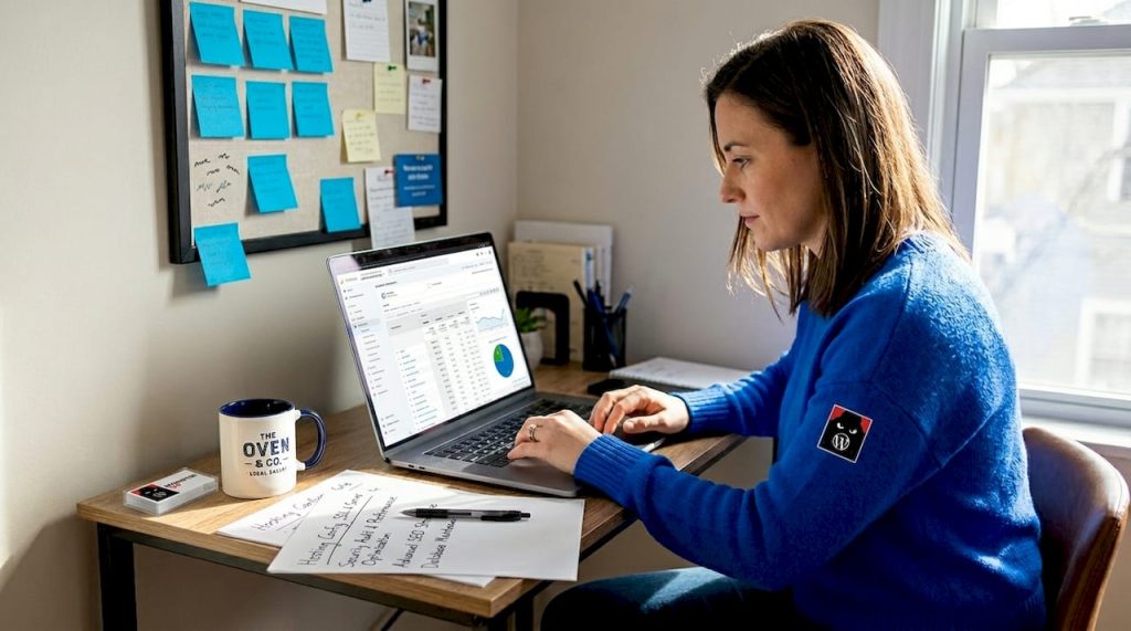Business owner reviewing website analytics