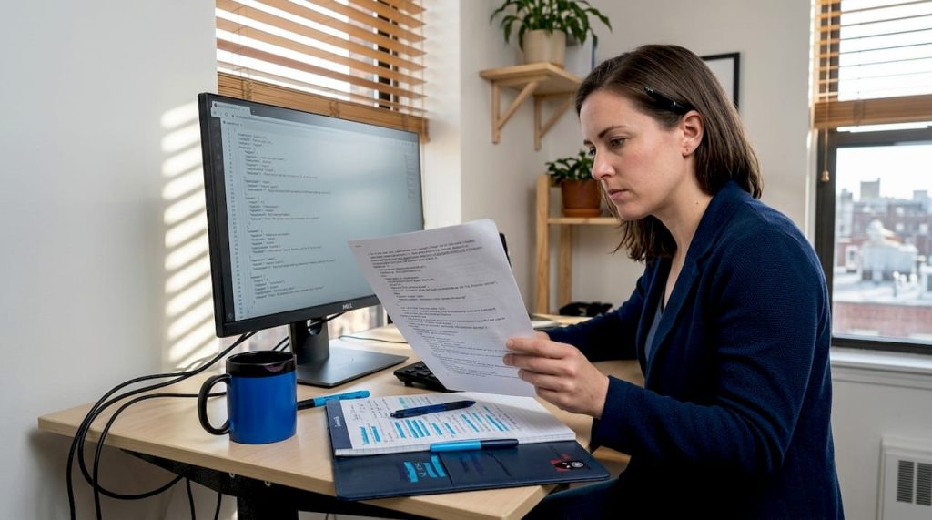 Website owner reviewing schema markup at desk