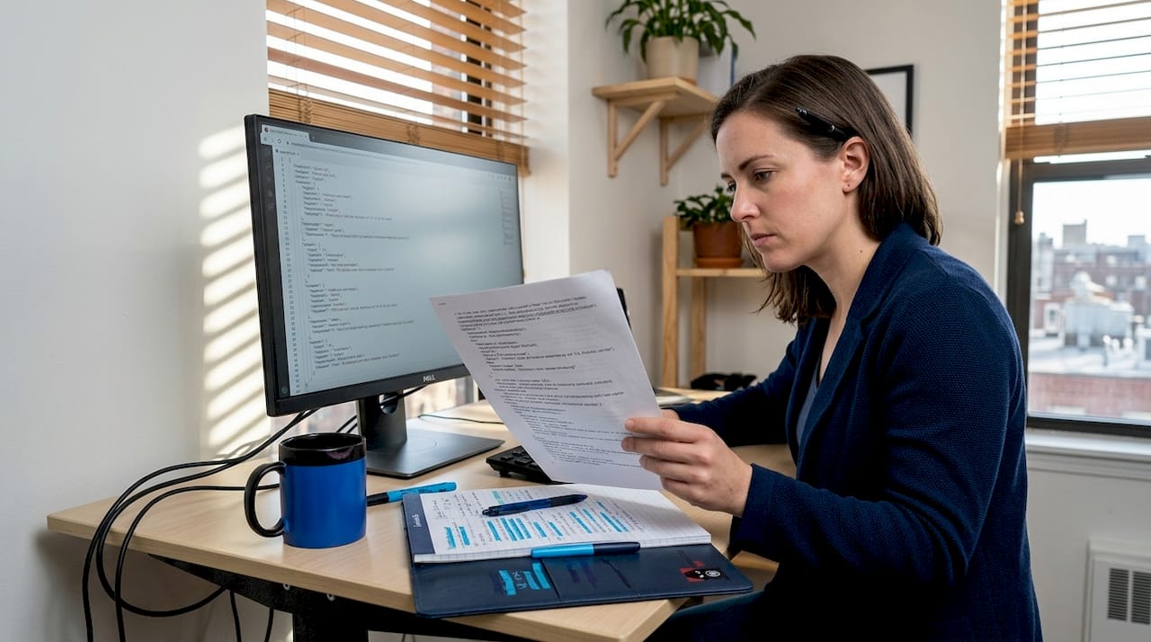 Website owner reviewing schema markup at desk