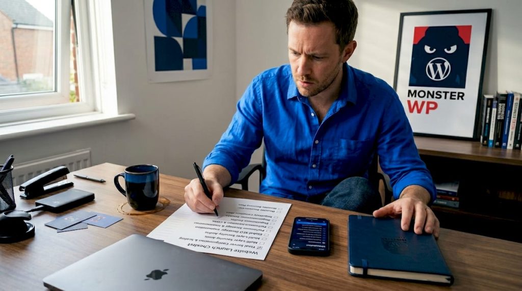 Business owner reviewing website launch checklist