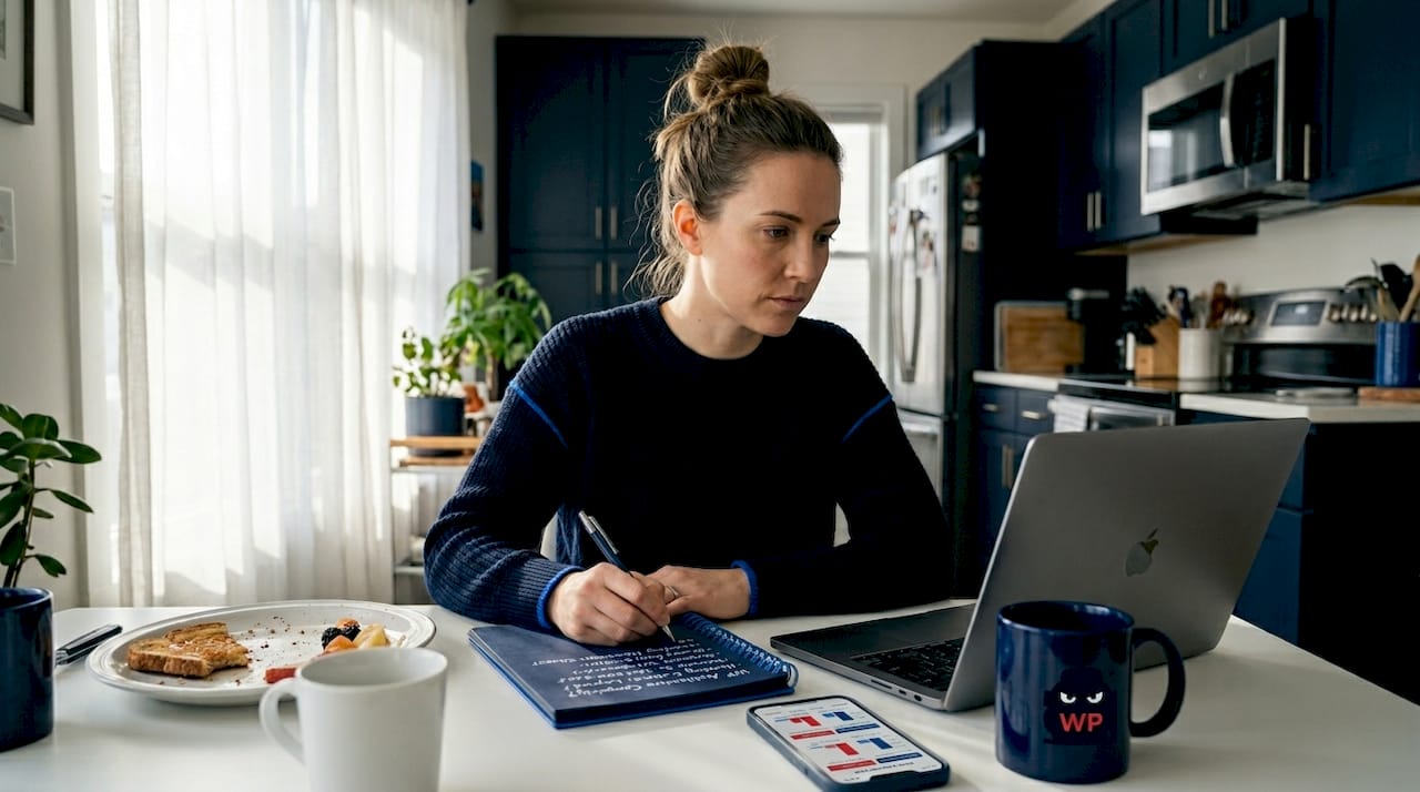 Business owner researches Shopify alternatives at kitchen table