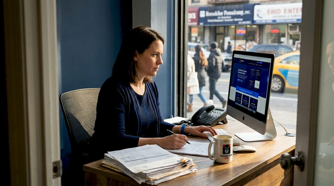Business owner reviewing website SEO at desk
