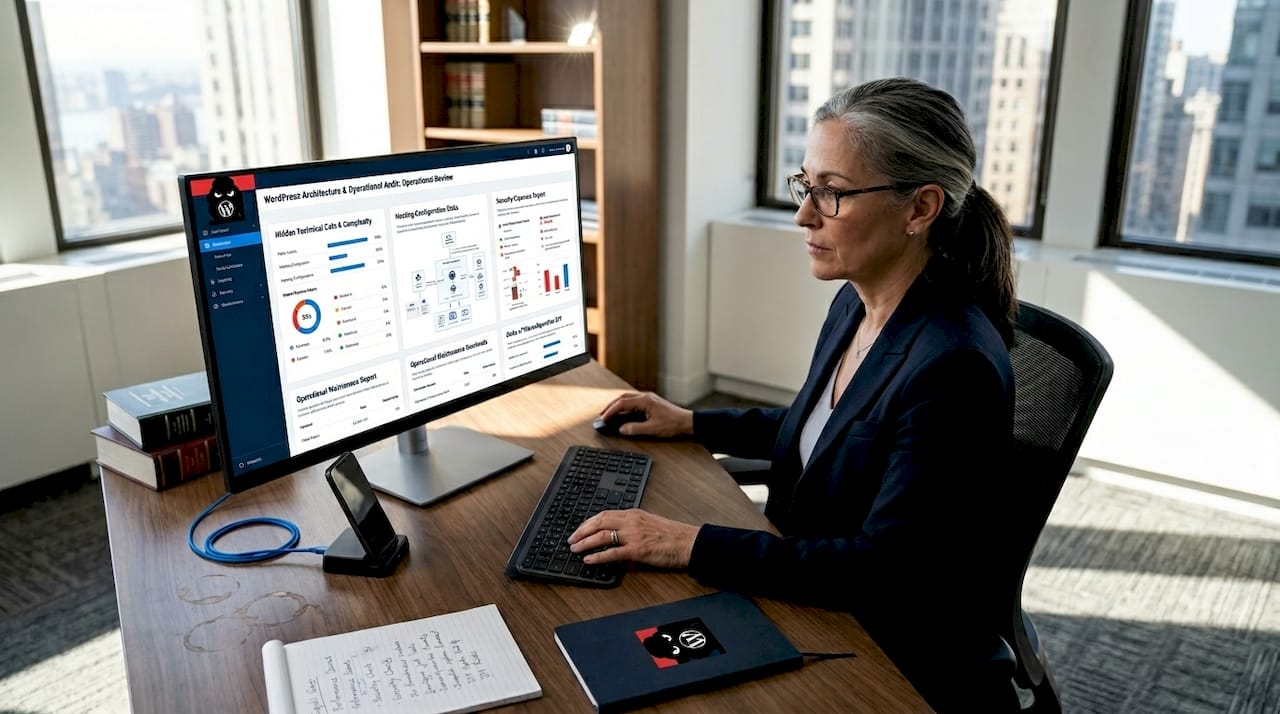 Attorney reviewing website audit in office