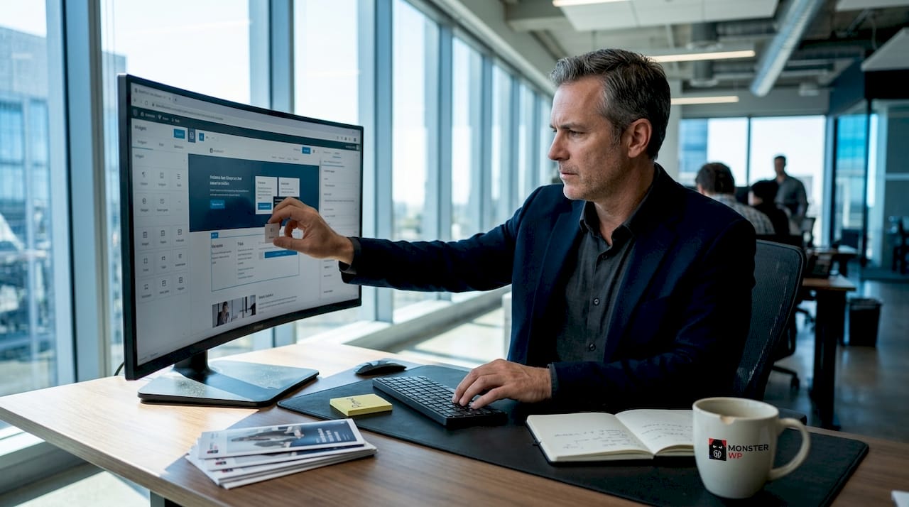 Business owner designs WordPress site workspace